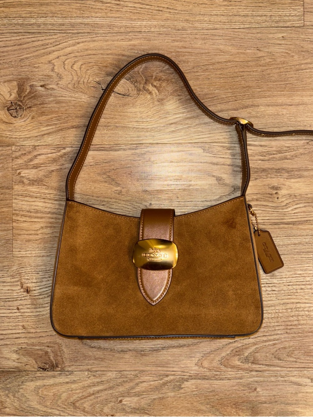 Coach Suede Shoulder Bag in Chestnut with Gold Hardware